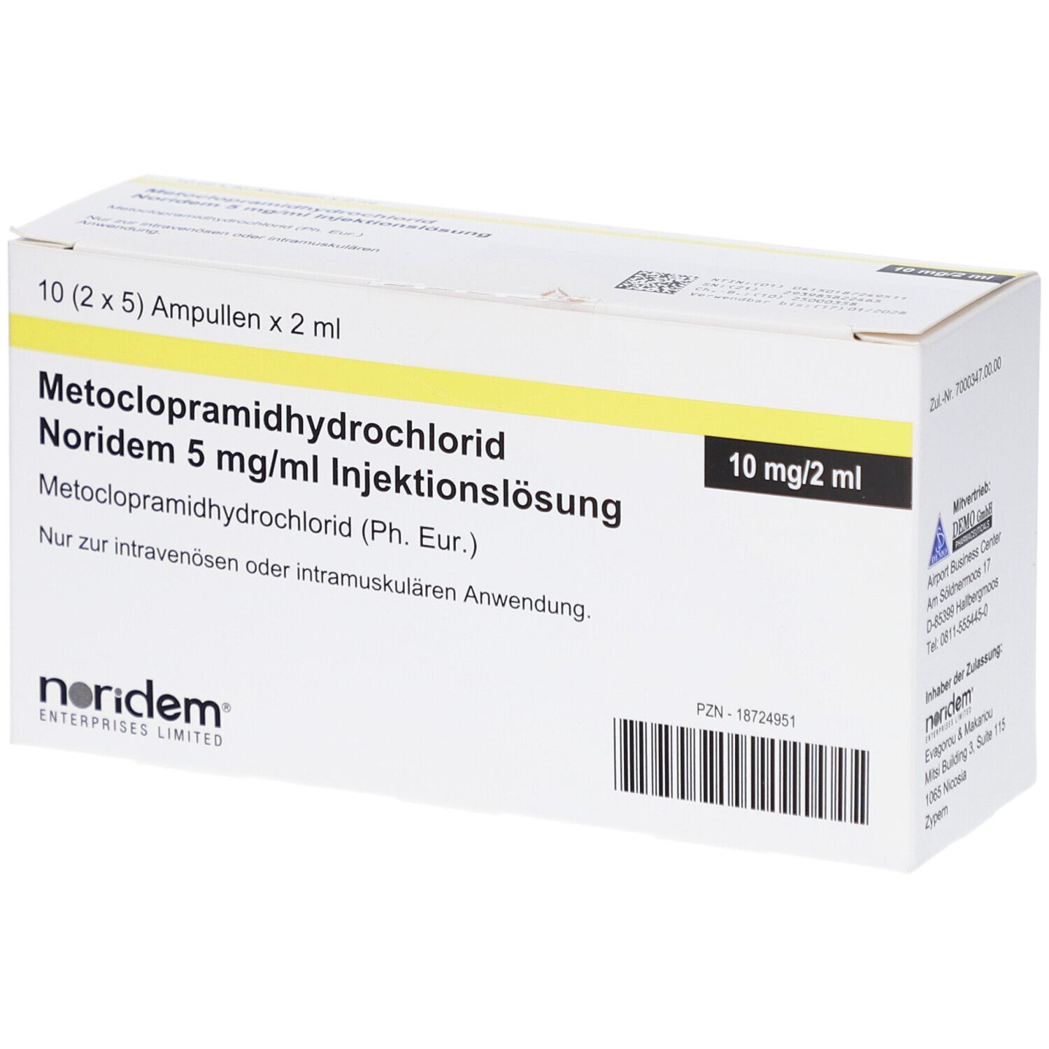 Schachtel mit Injektionslösung. Aufschrift: Metoclopramidhydrochlorid Noridem 5 mg/ml. 10 Ampullen.