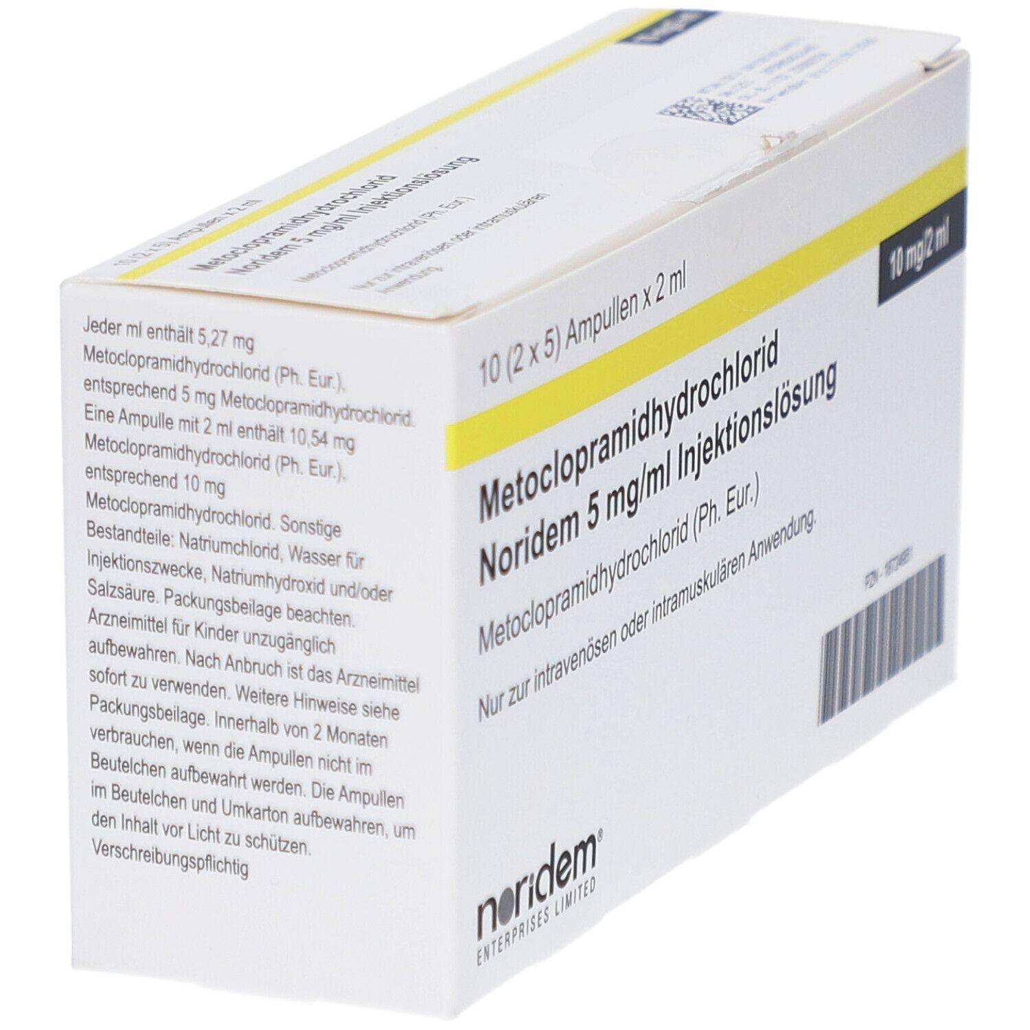 Schachtel mit Injektionslösung. Aufschrift: Metoclopramidhydrochlorid Noridem 5 mg/ml. 10 Ampullen. Detailinformationen.