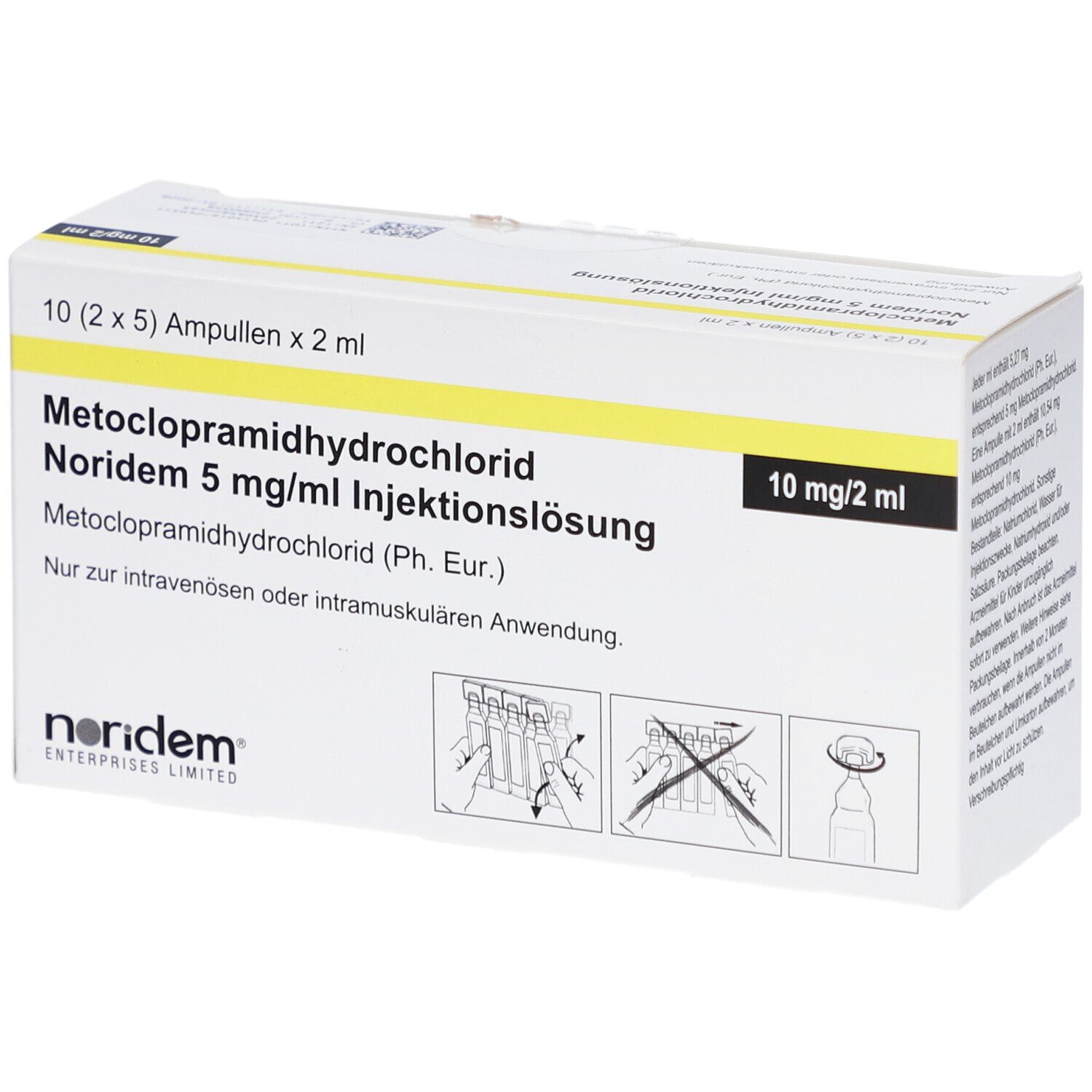 Schachtel mit Injektionslösung. Aufschrift: Metoclopramidhydrochlorid Noridem 5 mg/ml. 10 Ampullen. Illustrationen.