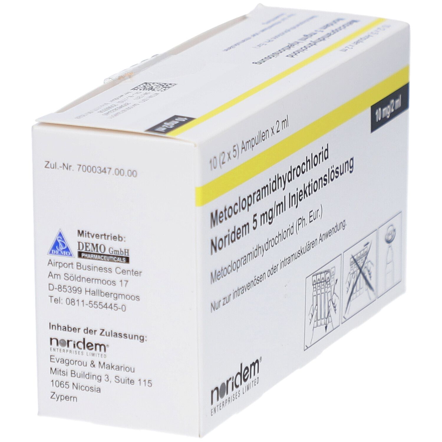 Schachtel mit Injektionslösung. Aufschrift: Metoclopramidhydrochlorid Noridem 5 mg/ml. 10 Ampullen. Firmenadresse.