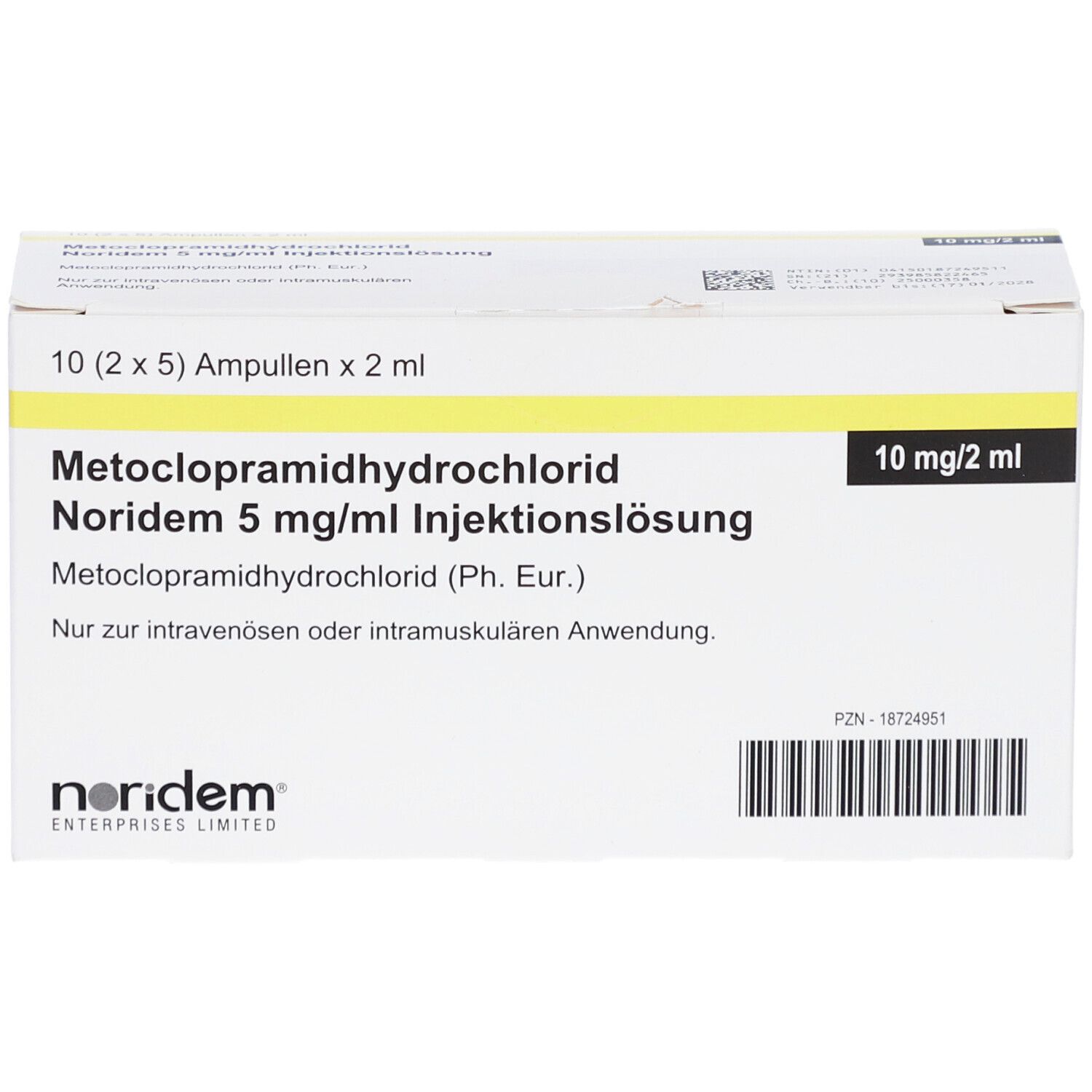 Schachtel mit Injektionslösung. Aufschrift: Metoclopramidhydrochlorid Noridem 5 mg/ml. 10 Ampullen. PZN-Nummer.
