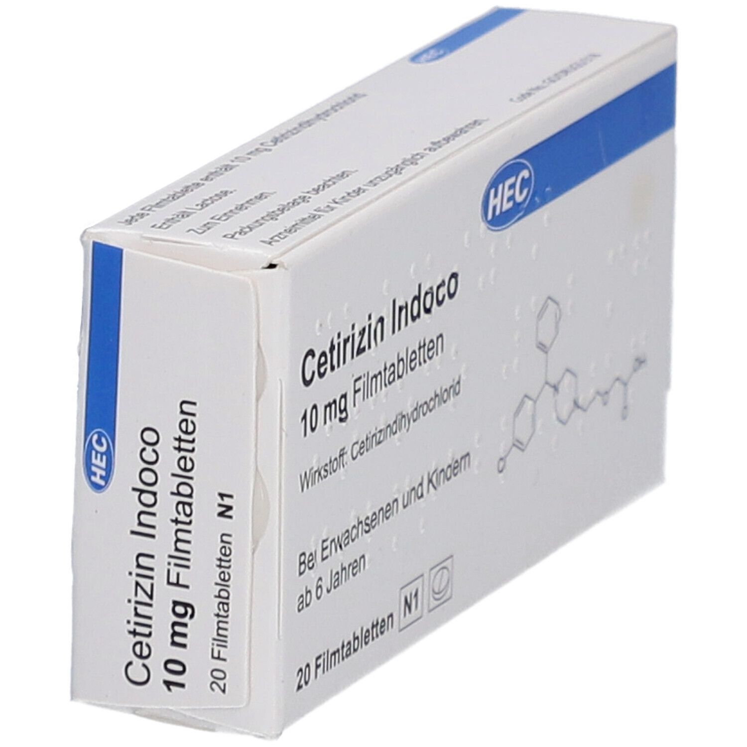 HEC Pharm Cetirizin Indoco 10 mg Filmtabletten, 20 Tabletten. Weiße Schachtel mit blauer Akzentfarbe. Aufschrift: Cetirizin Indoco, 10 mg Filmtabletten. Für Erwachsene und Kinder ab 6 Jahren. Die Schachtel ist leicht schräg gestellt.