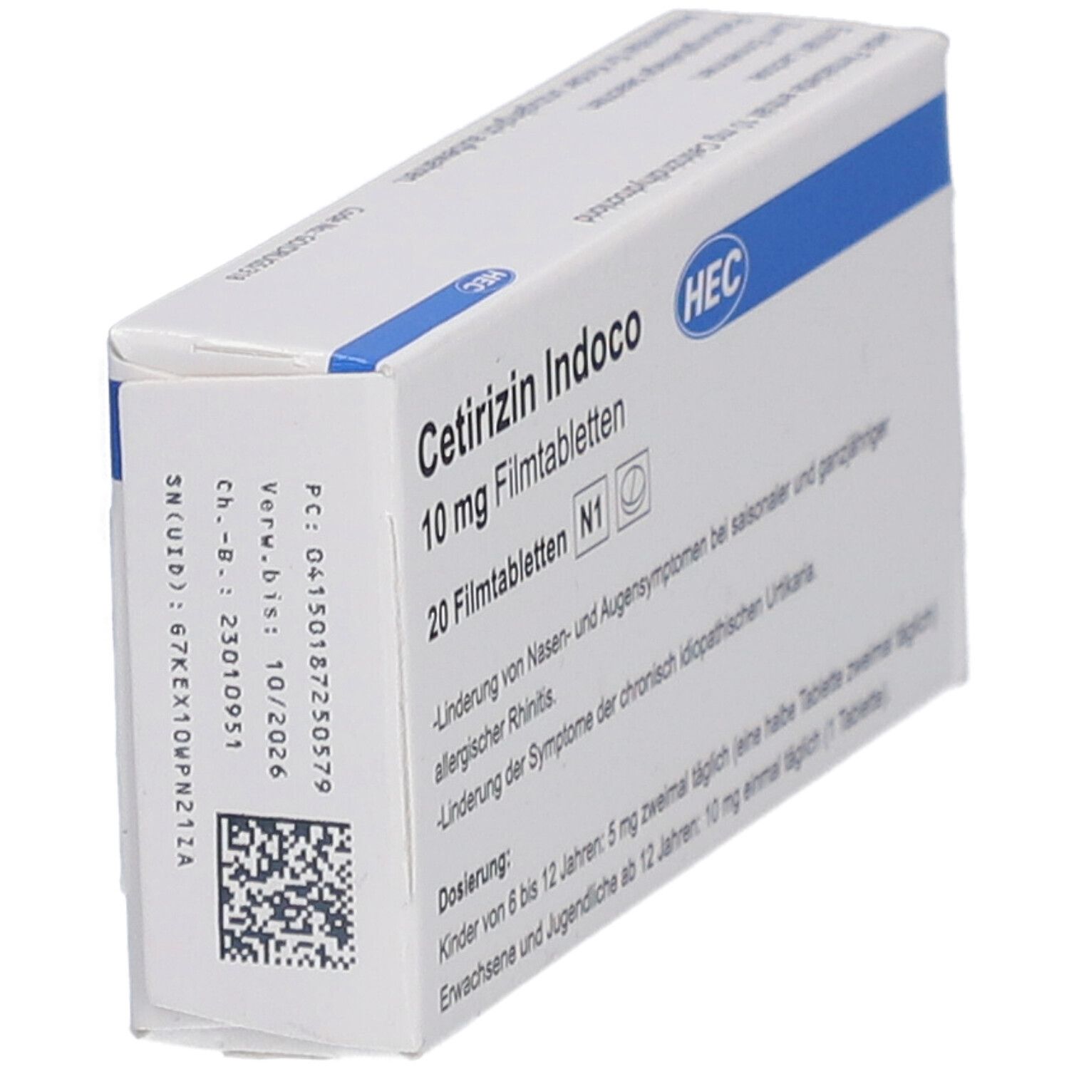 HEC Pharm Cetirizin Indoco 10 mg Filmtabletten, 20 Tabletten. Weiße Schachtel mit blauer Akzentfarbe. Aufschrift: Cetirizin Indoco, 10 mg Filmtabletten. Enthält Informationen zur Dosierung und Anwendung. Für Erwachsene und Kinder ab 6 Jahren.