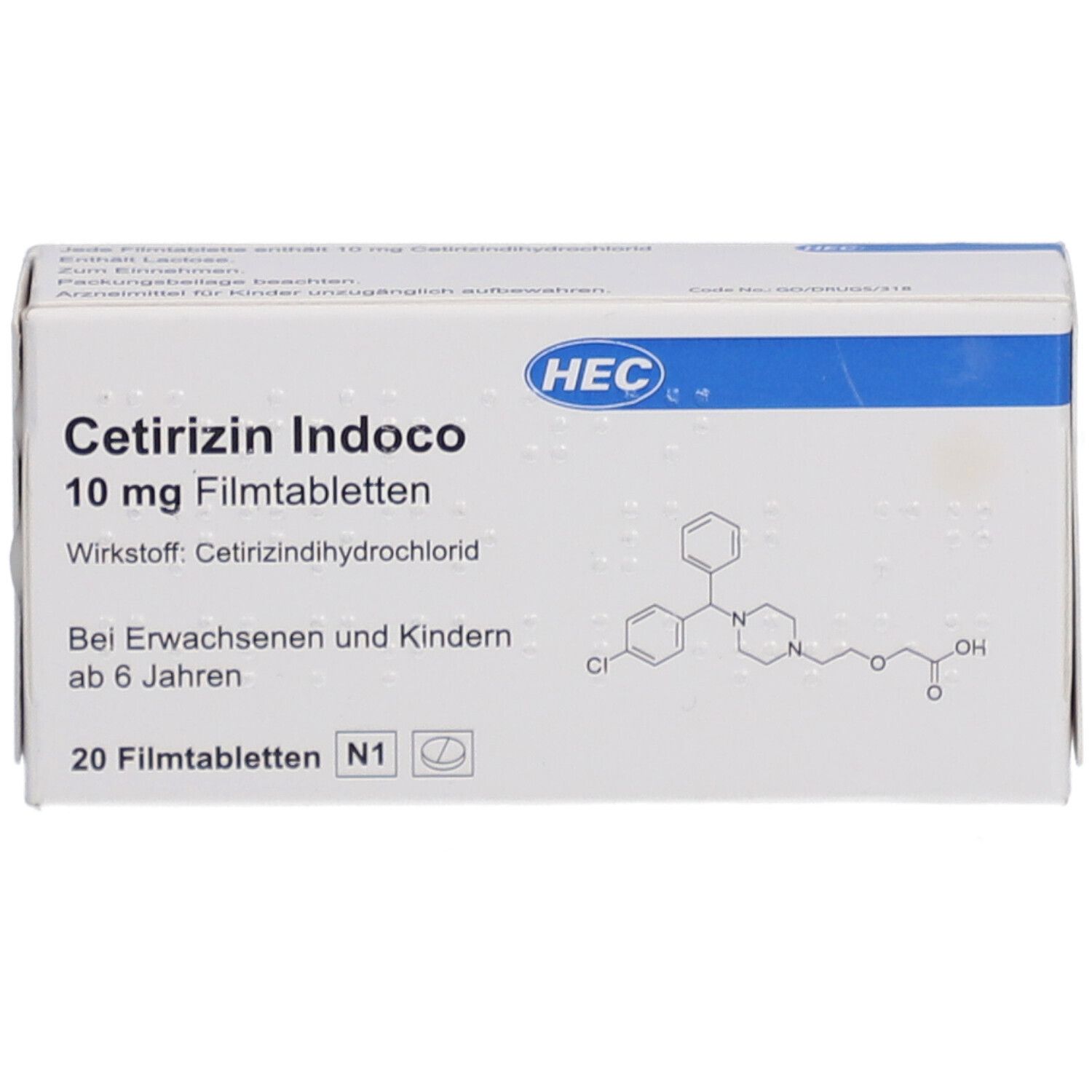 HEC Pharm Cetirizin Indoco 10 mg Filmtabletten, 20 Tabletten. Weiße Schachtel mit blauer Akzentfarbe. Aufschrift: Cetirizin Indoco, 10 mg Filmtabletten, Wirkstoff: Cetirizindihydrochlorid. Für Erwachsene und Kinder ab 6 Jahren.