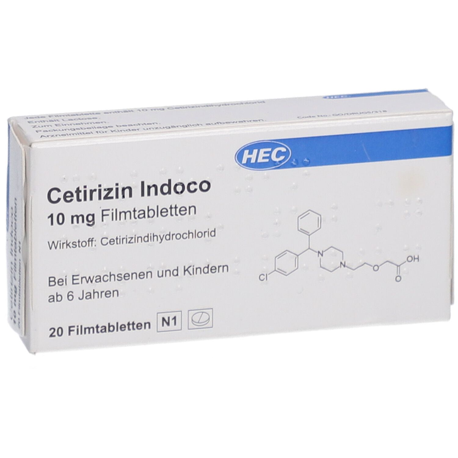 HEC Pharm Cetirizin Indoco 10 mg Filmtabletten, 20 Tabletten. Weiße Schachtel mit blauer Akzentfarbe. Aufschrift: Cetirizin Indoco, 10 mg Filmtabletten, Wirkstoff: Cetirizindihydrochlorid. Für Erwachsene und Kinder ab 6 Jahren.