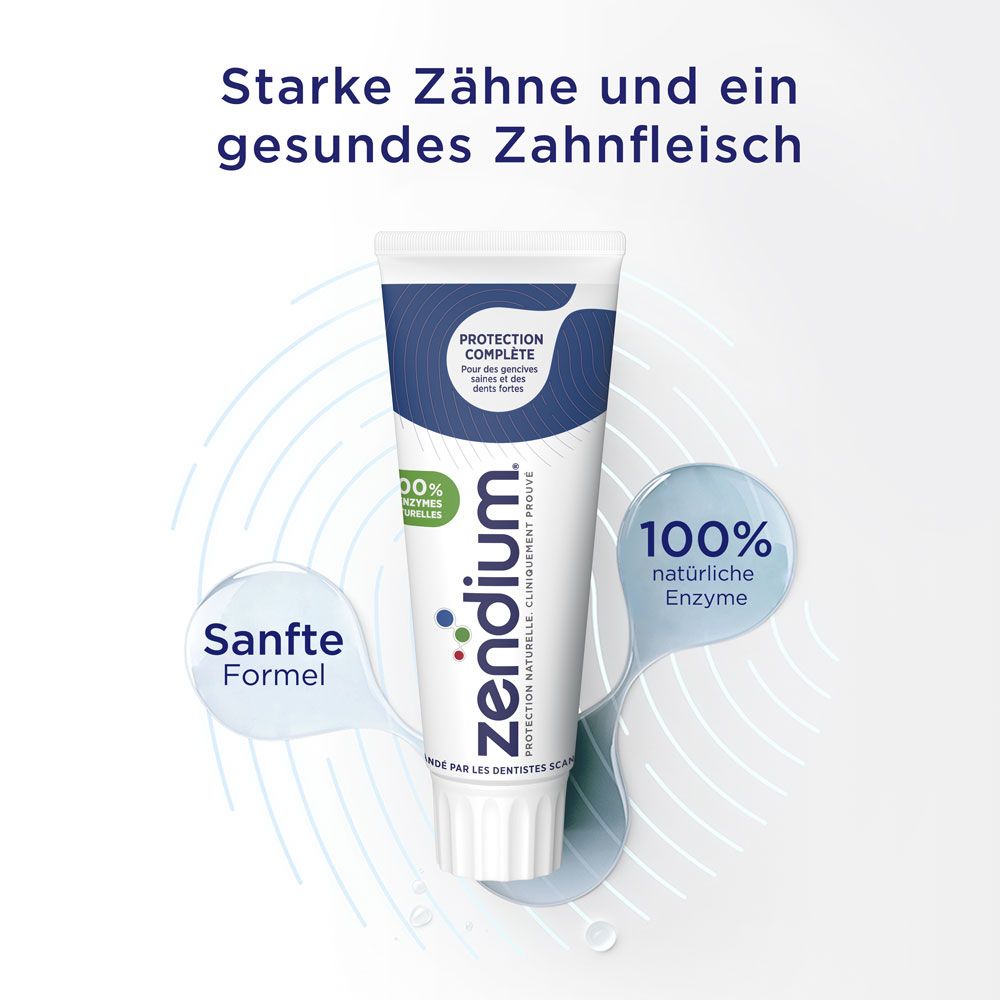 Zahnpasta-Tube mit Text: PROTECTION COMPLETE, Zendium, 100% natürliche Enzyme. Grafiken: Sanfte Formel, 100% natürliche Enzyme.