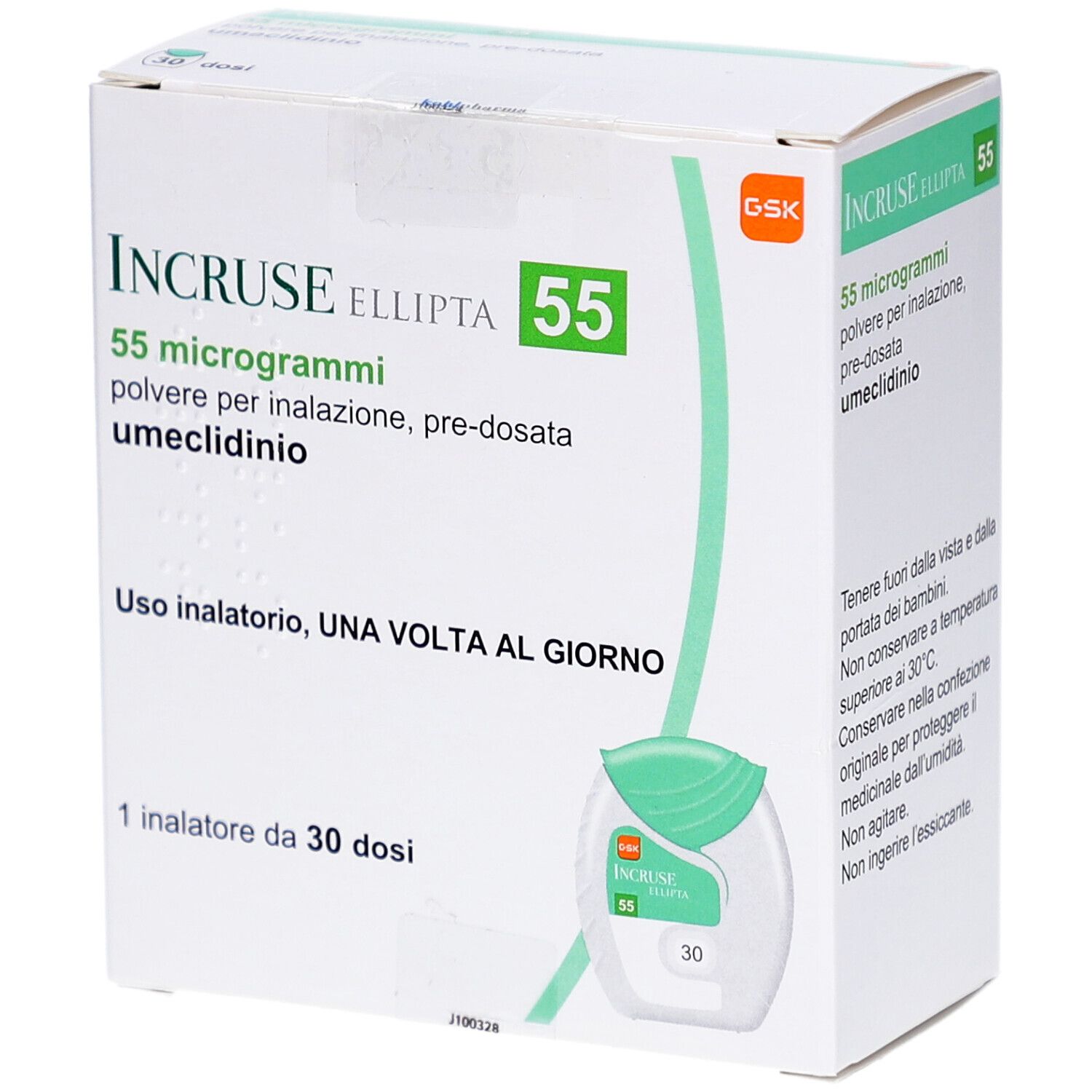 Schachtel mit INCRUSE Ellipta 55 µg. Aufschrift: 55 Mikrogramm, Pulver zur Inhalation, 30 ED. Inhalator-Abbildung.