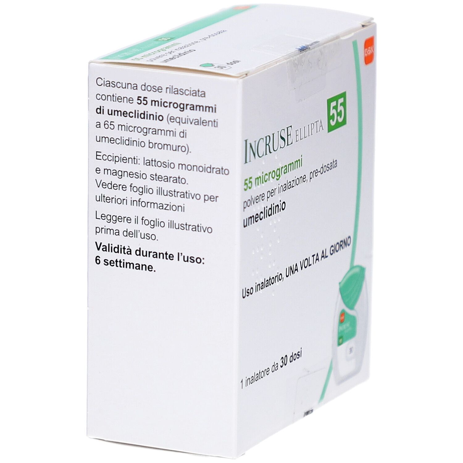 Schachtel INCRUSE Ellipta 55 µg. Text: 55 Mikrogramm, Pulver zur Inhalation, 30 ED. Gebrauchsanweisung und Inhalator-Abbildung.