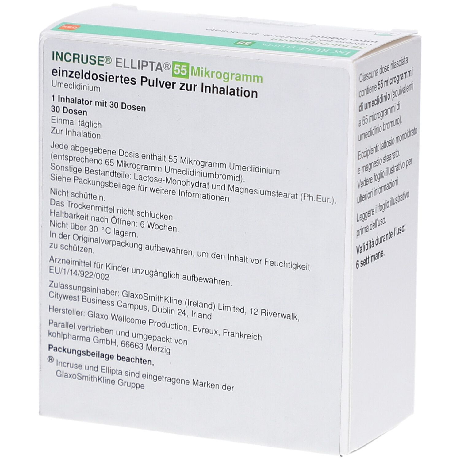 Schachtel INCRUSE Ellipta 55 Mikrogramm. Text: Einzel dosiertes Pulver zur Inhalation. 1 Inhalator mit 30 Dosen. Gebrauchsanweisung.