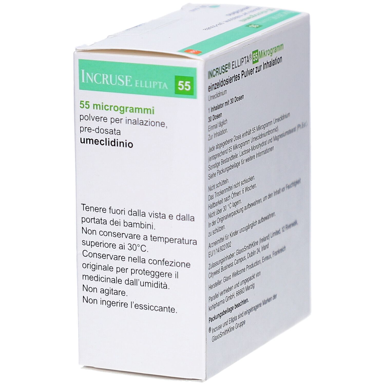 Schachtel INCRUSE Ellipta 55 Mikrogramm. Text: Einzel dosiertes Pulver zur Inhalation. Gebrauchsanweisung und Inhalator-Abbildung.