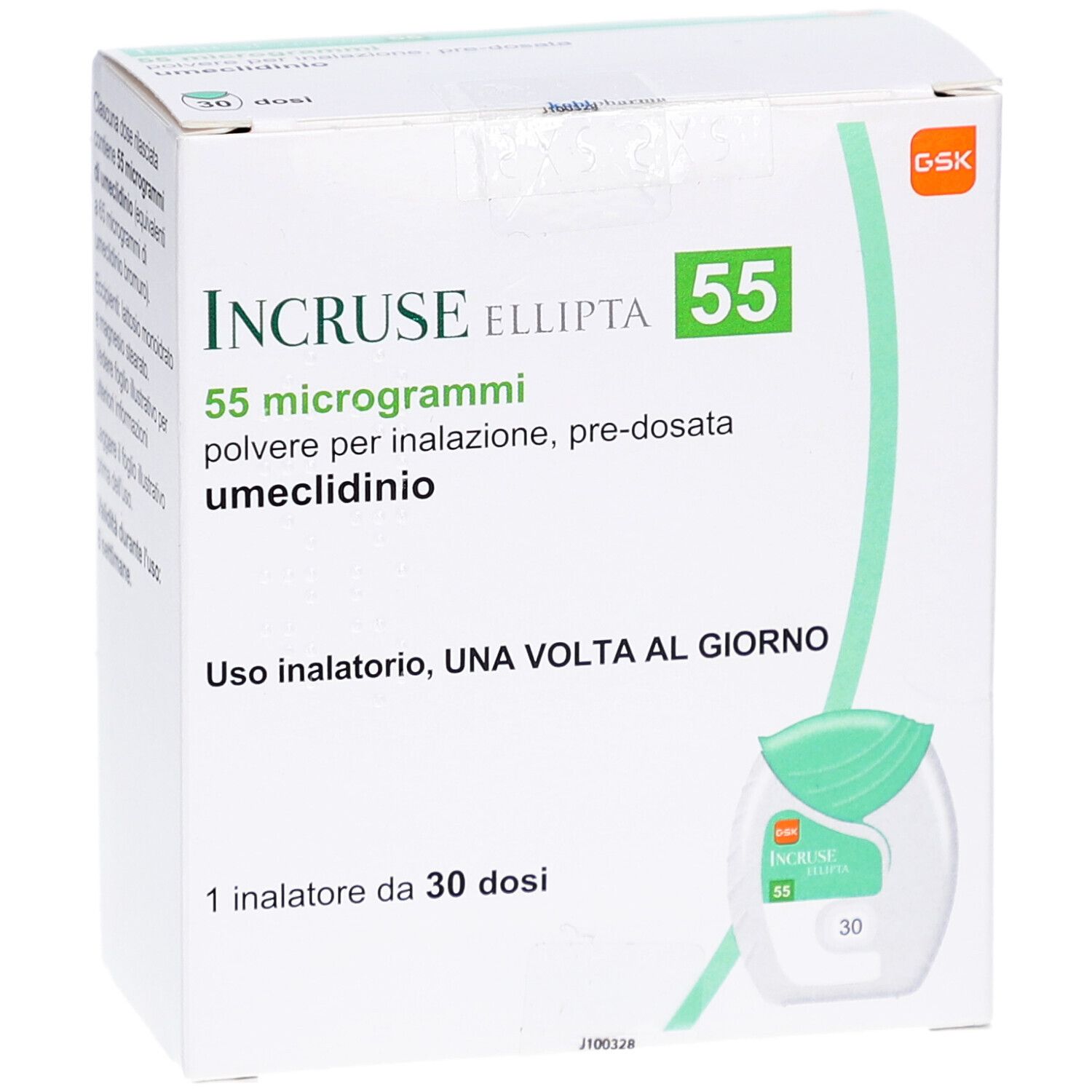 Schachtel INCRUSE Ellipta 55 µg. Aufschrift: 55 Mikrogramm, Pulver zur Inhalation, 30 ED. Inhalator-Abbildung.