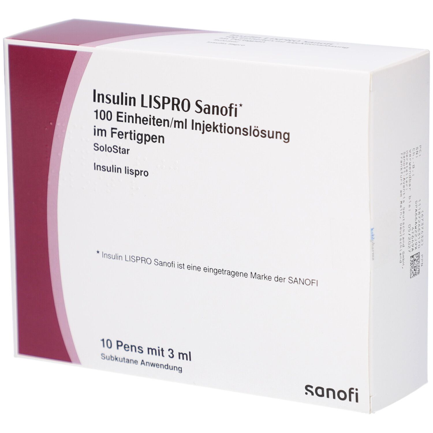 Verpackung von Insulin Lispro Sanofi. Weißer Karton mit roter und weißer Beschriftung. SoloStar-Fertigpen, 10 Pens.