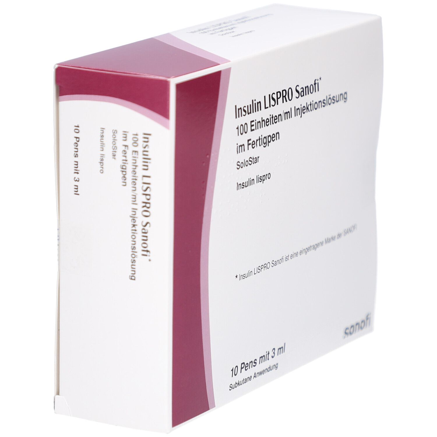 Schräg gestellte Verpackung von Insulin Lispro Sanofi. Weißer Karton mit roter und weißer Beschriftung. SoloStar-Fertigpen.