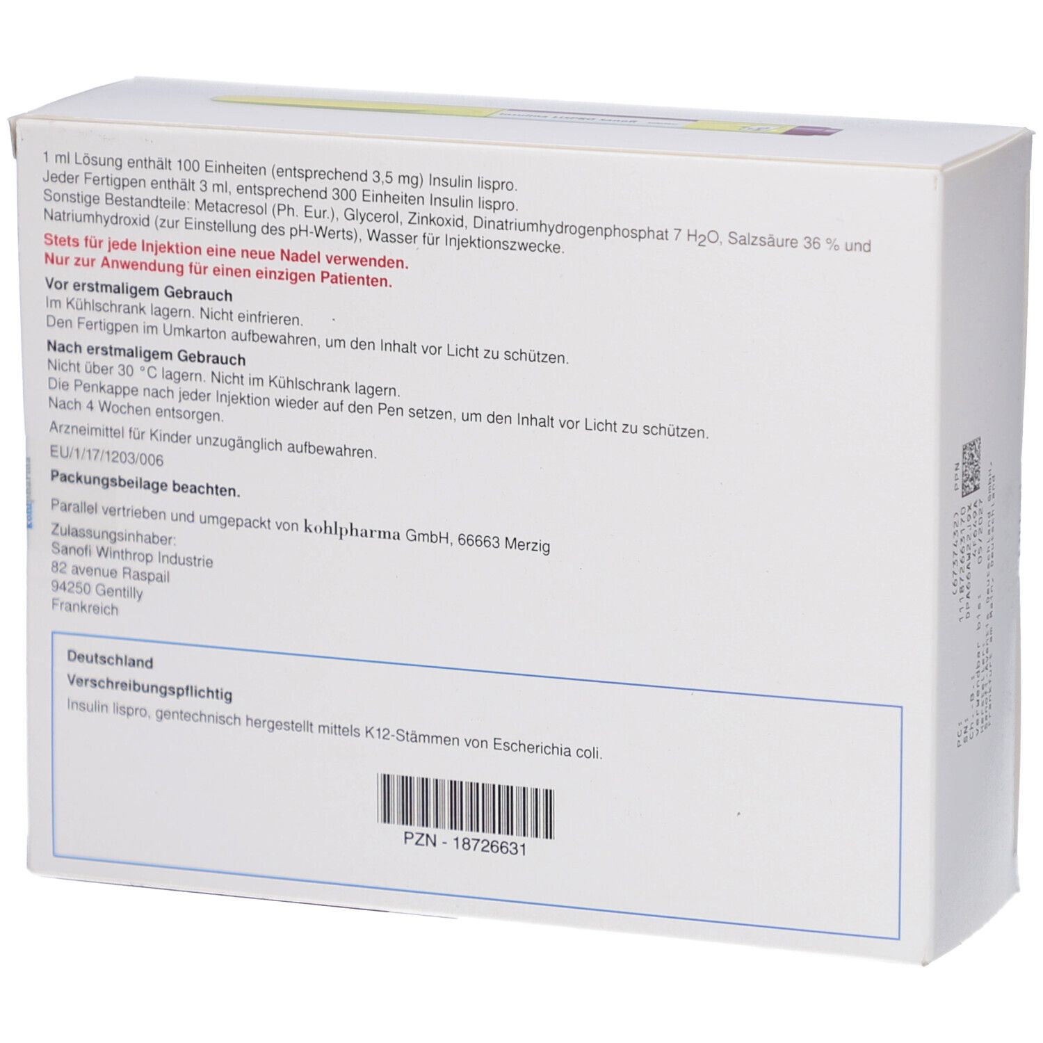 Rückseite der Insulin Lispro Sanofi Verpackung. Enthält Informationen zu Inhaltsstoffen und Anwendung. PZN-Nummer.