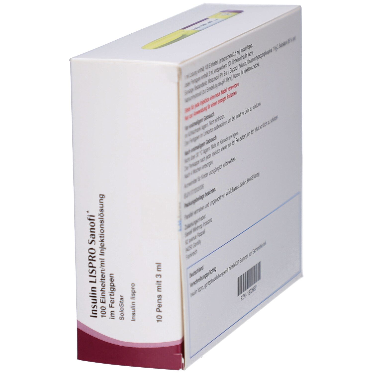Schräg gestellte Verpackung von Insulin Lispro Sanofi. Enthält Informationen und Text. SoloStar-Fertigpen.