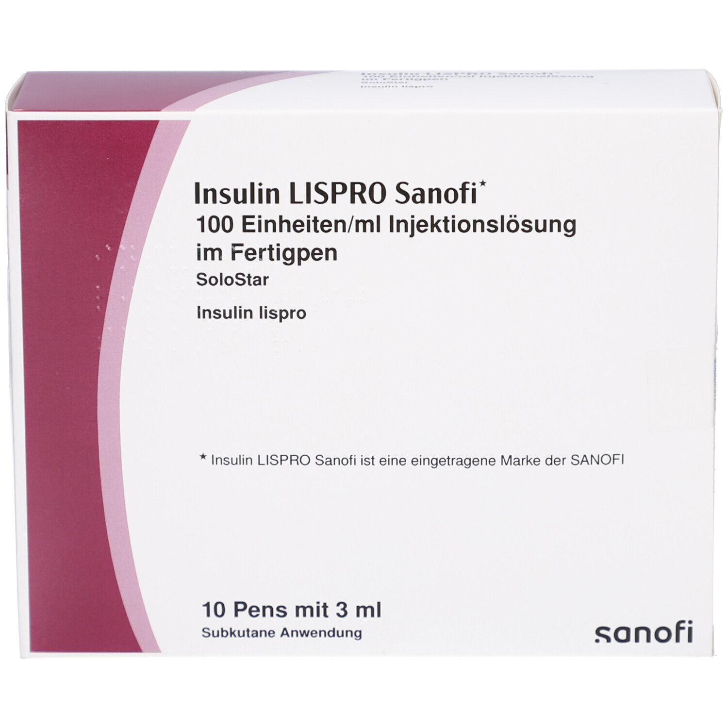 Verpackung von Insulin Lispro Sanofi. Weißer Karton mit roter und weißer Beschriftung. SoloStar-Fertigpen, 10 Pens.