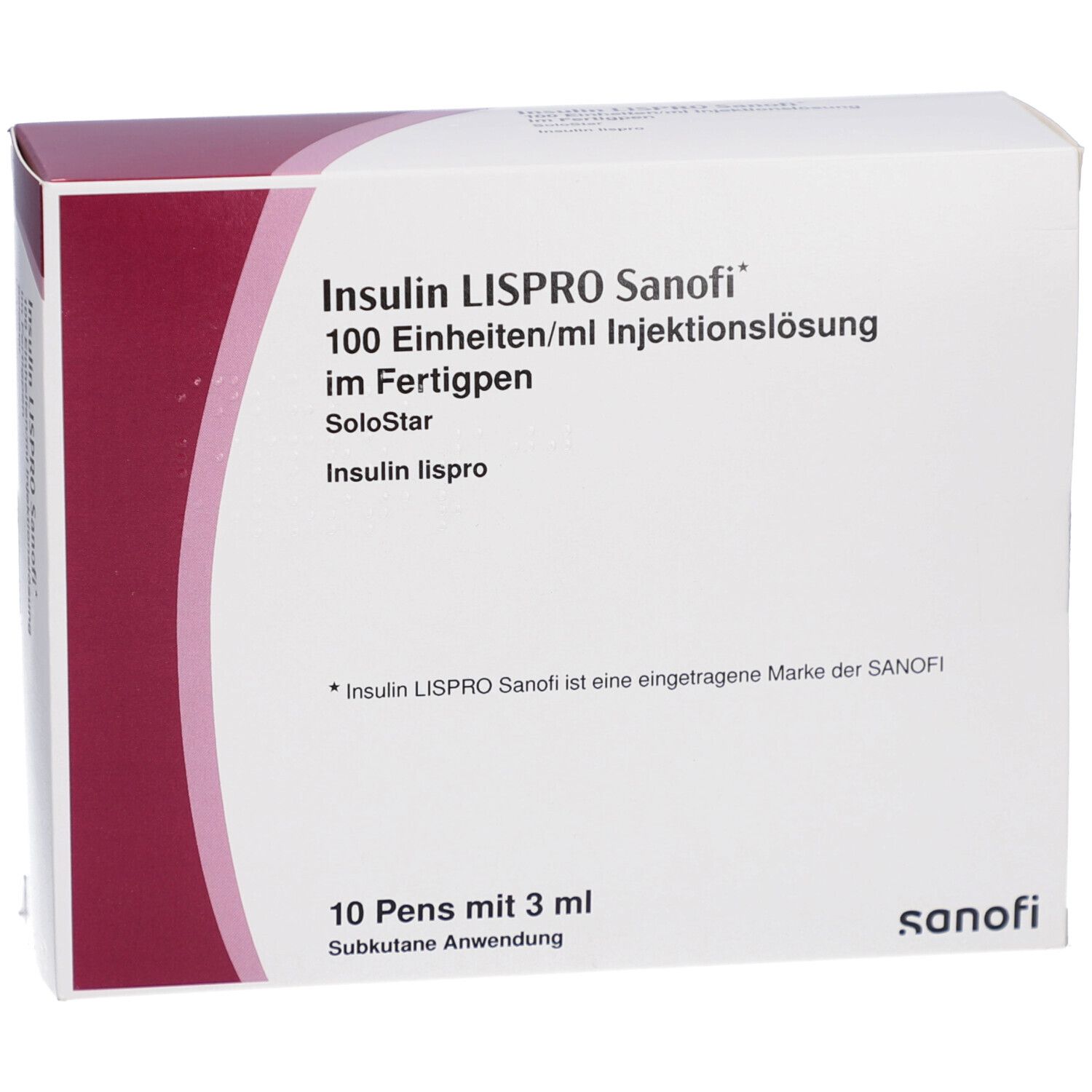 Verpackung von Insulin Lispro Sanofi. Weißer Karton mit roter und weißer Beschriftung. SoloStar-Fertigpen, 10 Pens.