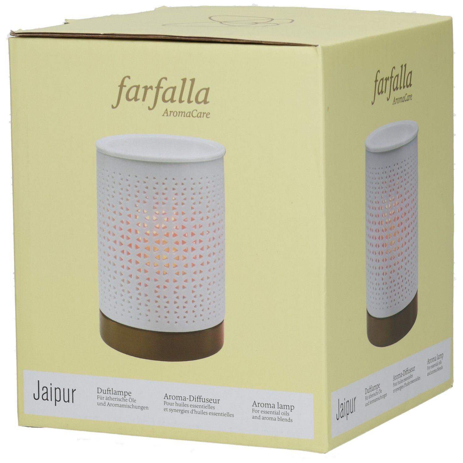 Verpackung für "farfalla AromaCare" Jaipur Duftlampe, weiß mit Lochmuster und braunem Sockel.