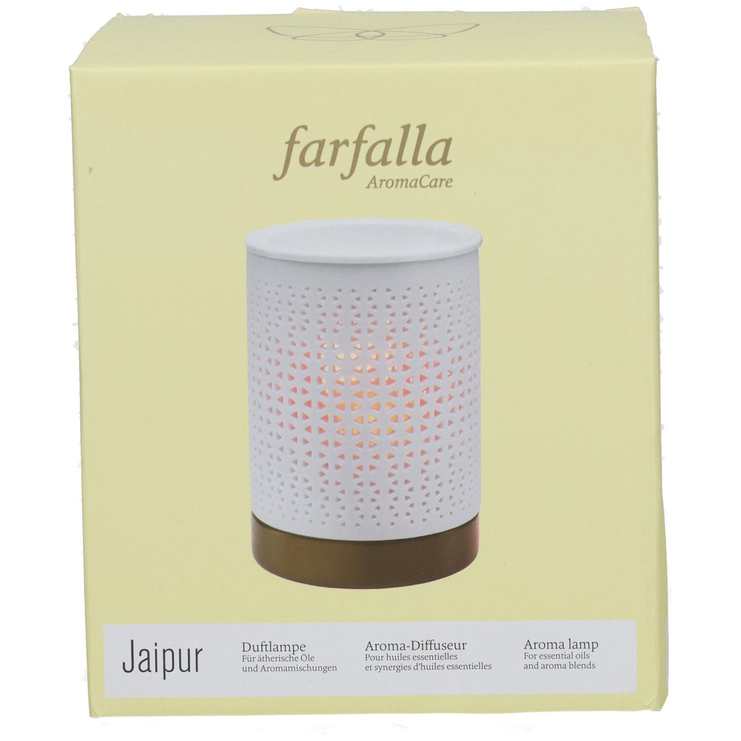 Farfalla AromaCare Jaipur Duftlampe, weiß mit goldenem Sockel.