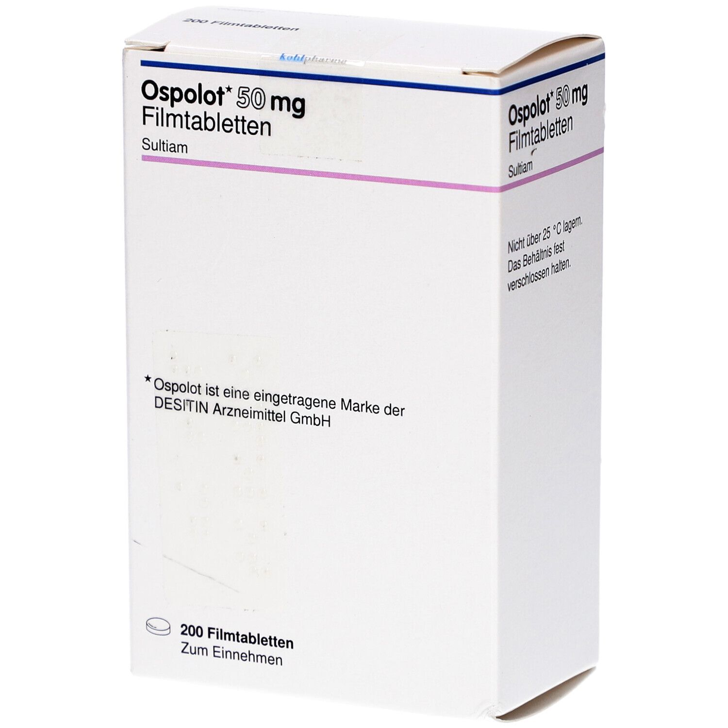 Weiße Schachtel mit OSPOLOT 50 mg Filmtabletten. Aufdruck: Name, Dosierung, Wirkstoff, Hinweise. 200 Filmtabletten.
