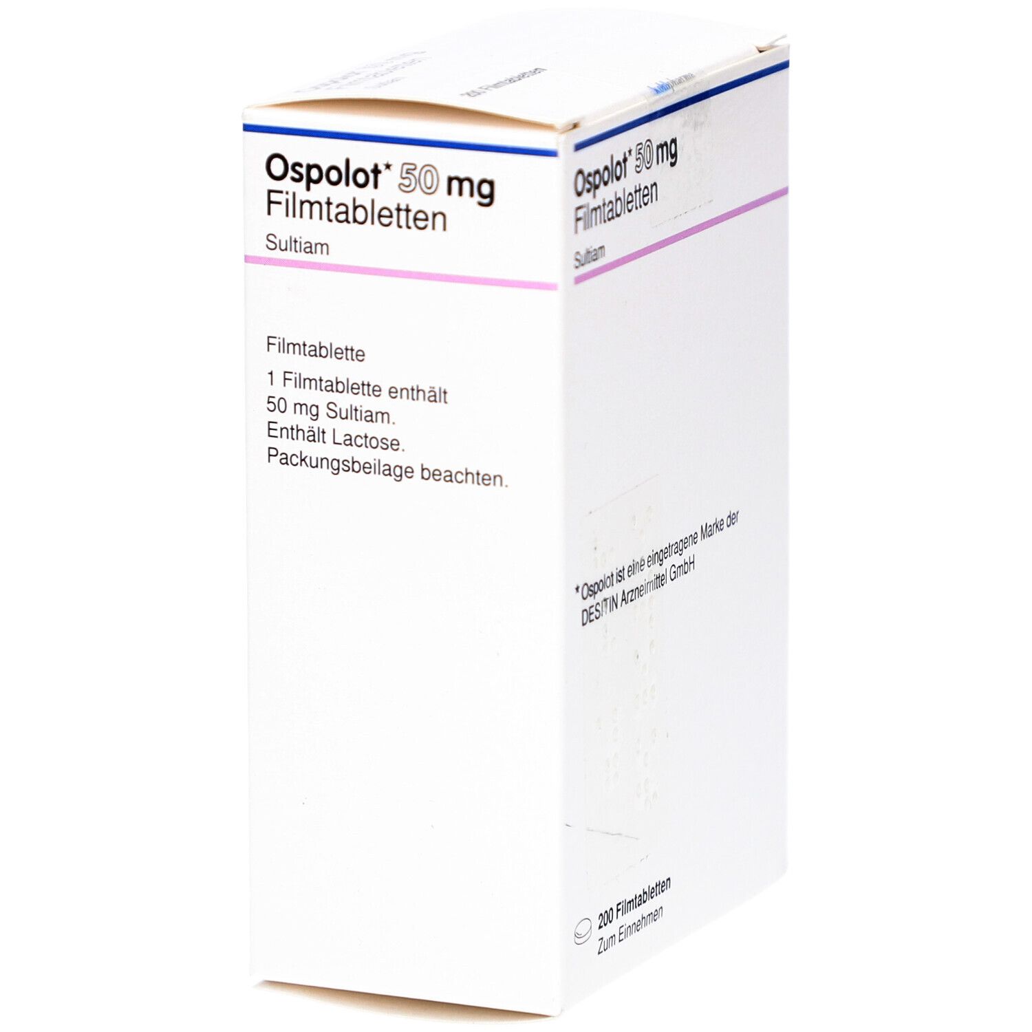 Weiße Schachtel mit OSPOLOT 50 mg Filmtabletten. Aufdruck: Name, Dosierung, Wirkstoff, Hinweise. 200 Filmtabletten.