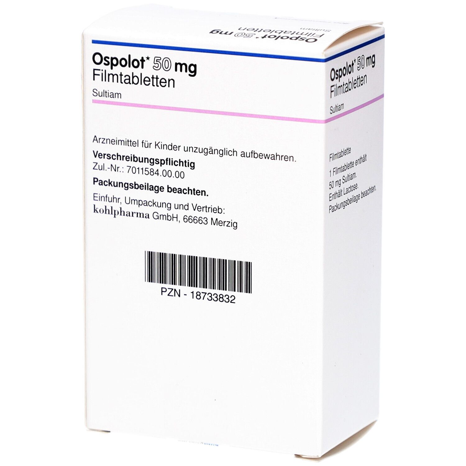 Weiße Schachtel mit OSPOLOT 50 mg Filmtabletten. Aufdruck: Name, Dosierung, Wirkstoff, Hinweise. 200 Filmtabletten.