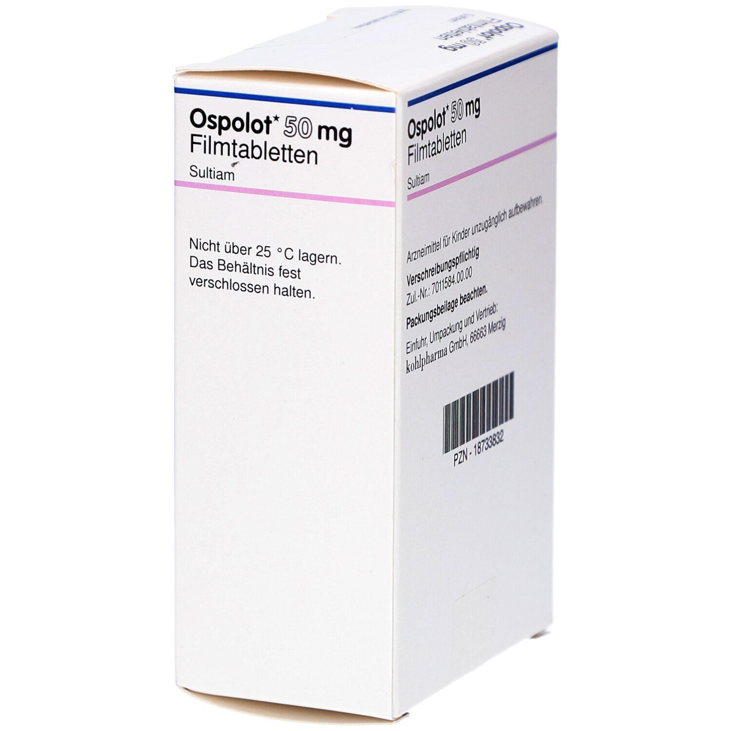 Weiße Schachtel mit OSPOLOT 50 mg Filmtabletten. Aufdruck: Name, Dosierung, Wirkstoff, Hinweise. 200 Filmtabletten.