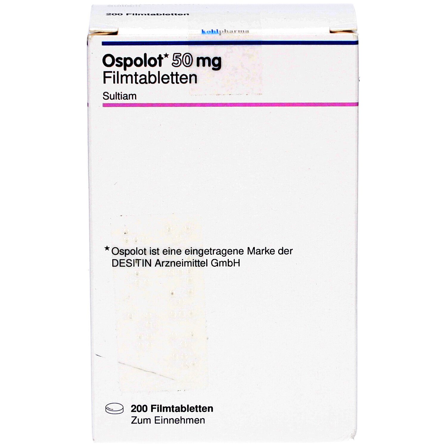 Weiße Schachtel mit OSPOLOT 50 mg Filmtabletten. Aufdruck: Name, Dosierung, Wirkstoff, Hinweise. 200 Filmtabletten.