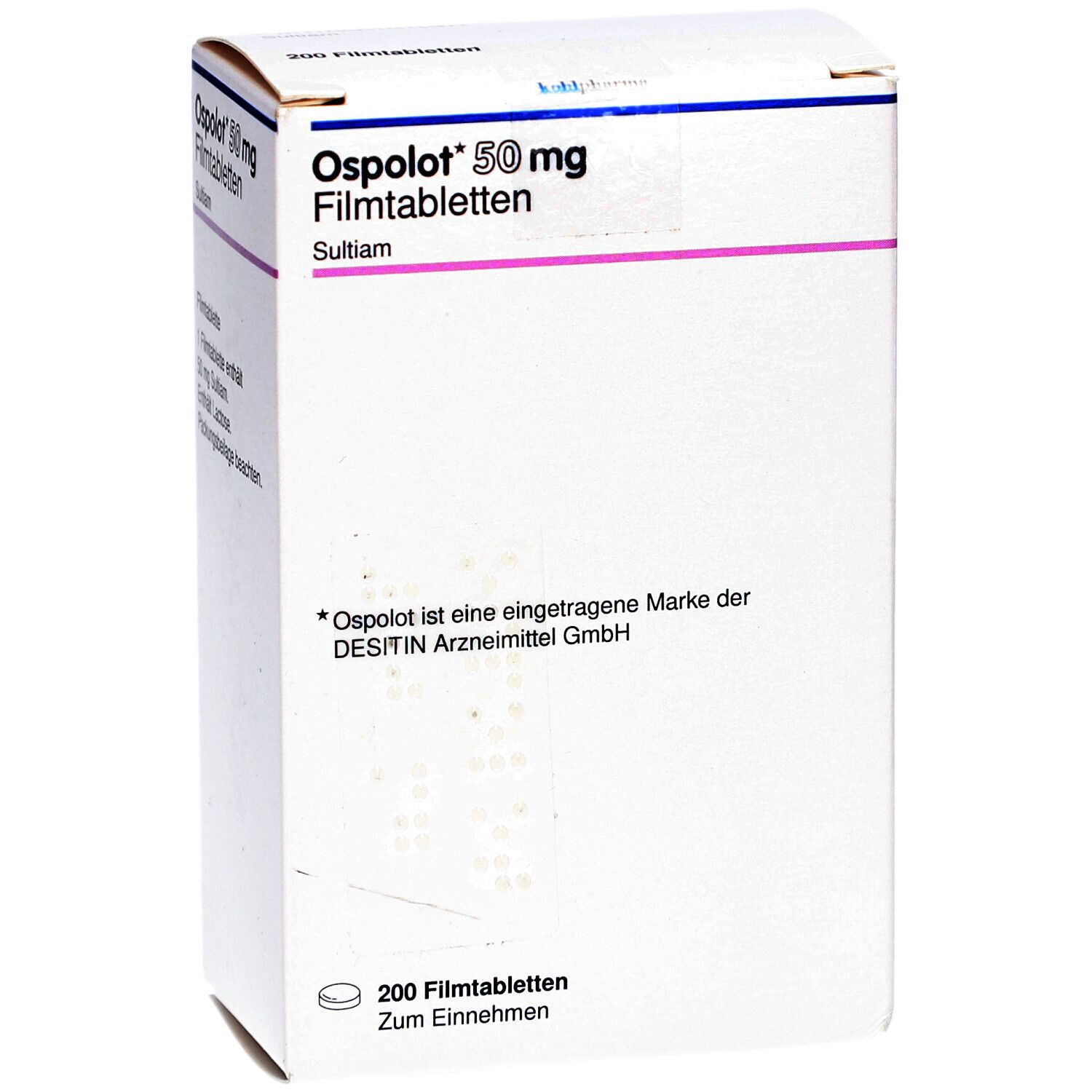 Weiße Schachtel mit OSPOLOT 50 mg Filmtabletten. Aufdruck: Name, Dosierung, Wirkstoff, Hinweise. 200 Filmtabletten.