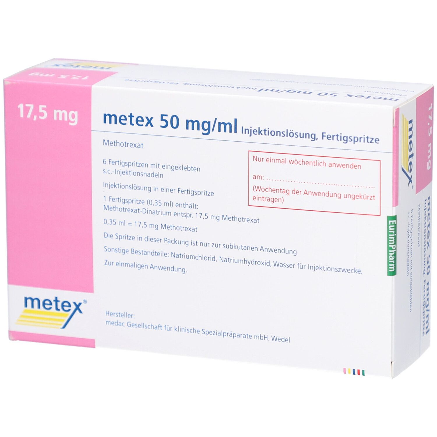 Verpackung von metex 50 mg/ml Injektionslösung. Aufschrift: 17,5 mg. Enthält 6 Fertigspritzen. Hersteller: medac.