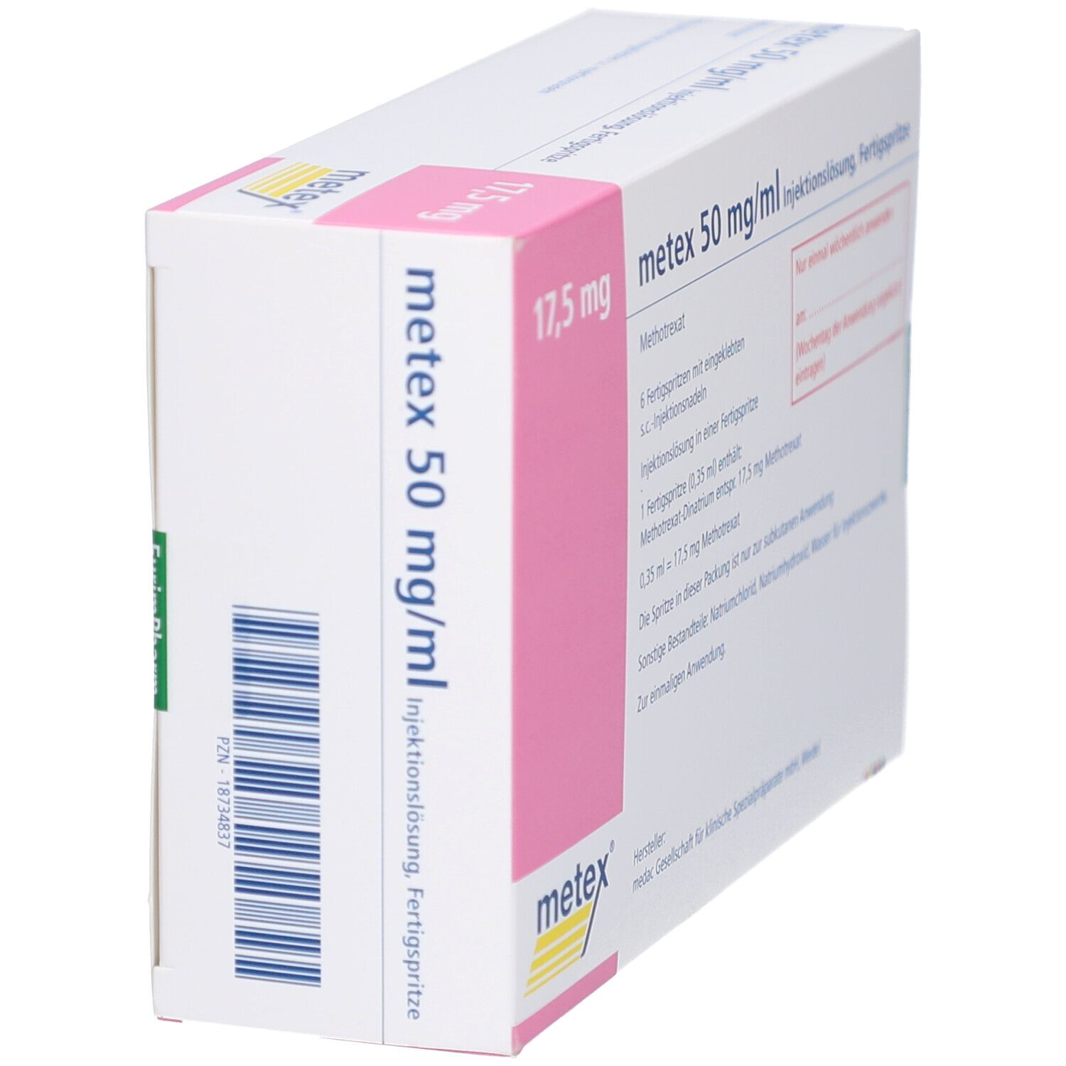 Verpackung von metex 50 mg/ml Injektionslösung. Aufschrift: 17,5 mg. Barcode und Herstellerinformationen.