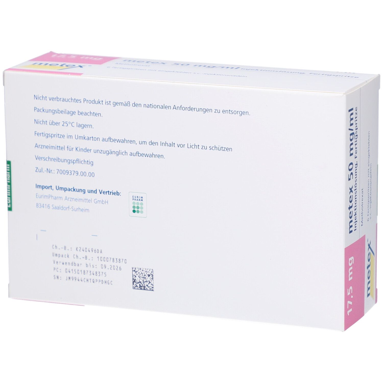 Rückseite der metex 50 mg/ml Verpackung. Enthält Informationen zu Lagerung, Entsorgung und Hersteller.