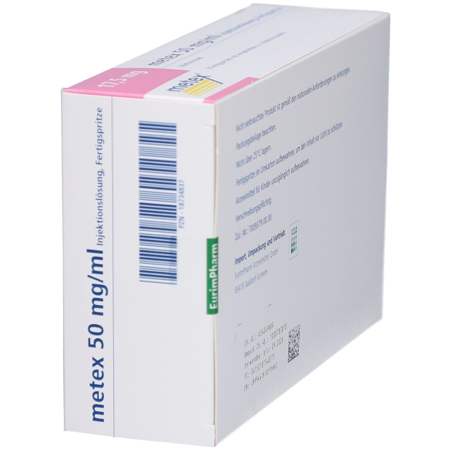 Verpackung von metex 50 mg/ml Injektionslösung. Aufschrift: 17,5 mg. Barcode und Herstellerinformationen.