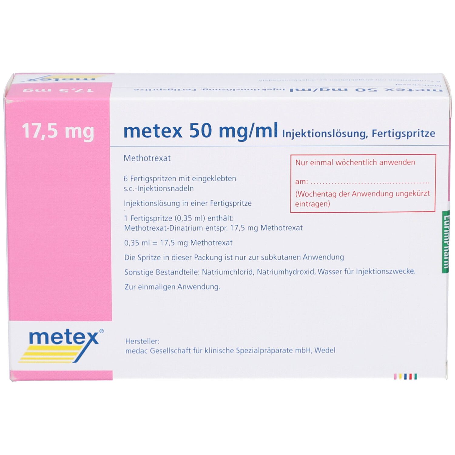 Verpackung von metex 50 mg/ml Injektionslösung. Aufschrift: 17,5 mg. Enthält 6 Fertigspritzen. Hersteller: medac.