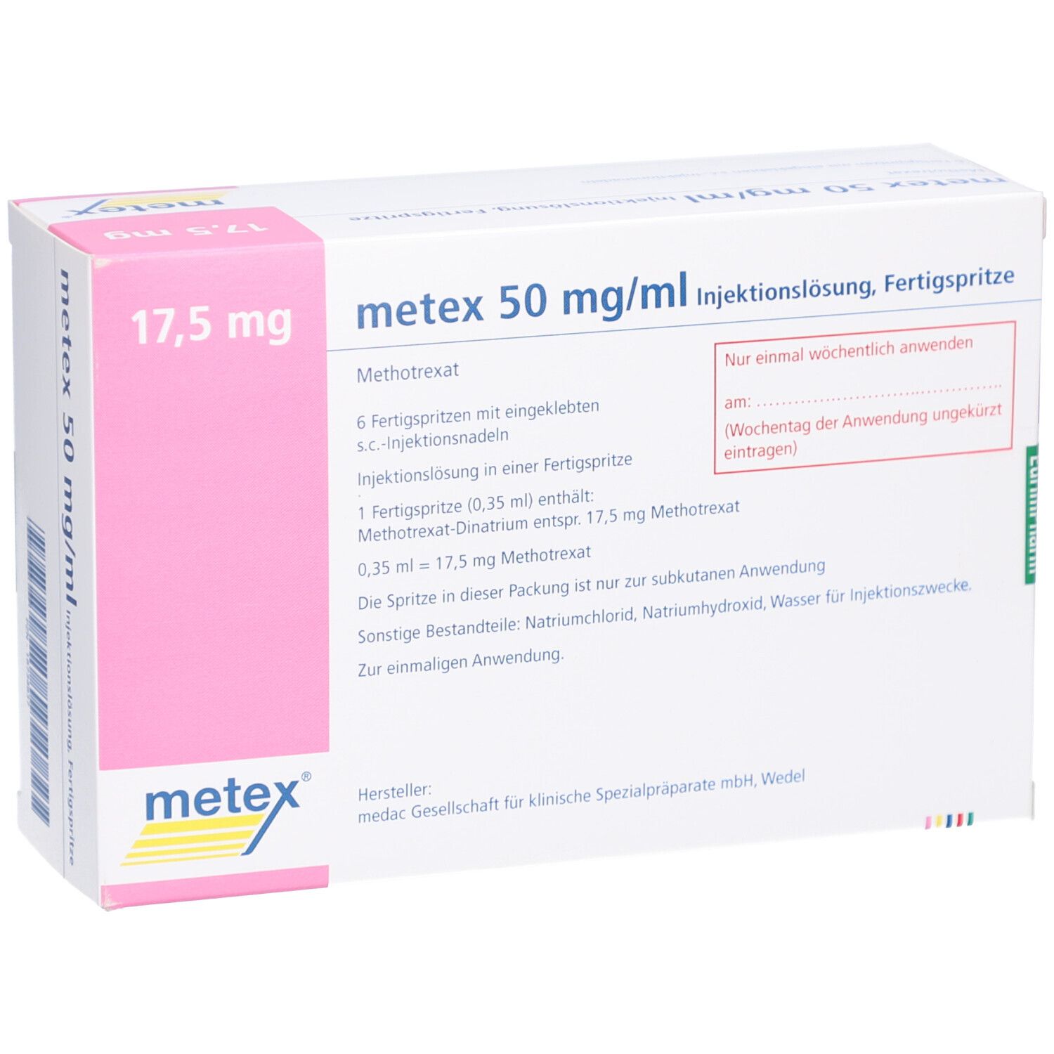 Verpackung von metex 50 mg/ml Injektionslösung. Aufschrift: 17,5 mg. Enthält 6 Fertigspritzen. Hersteller: medac.