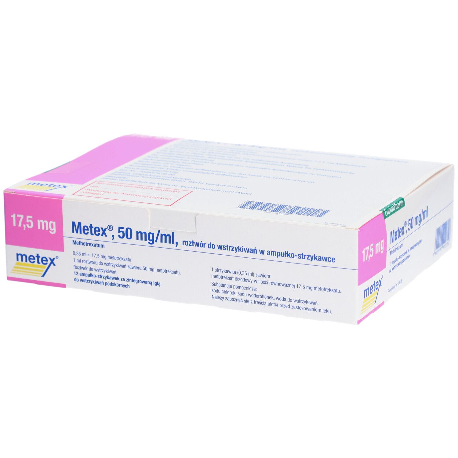 Karton mit Produktinformationen. Aufschrift: Metex 17,5 mg, 50 mg/ml. Rosa und weiße Verpackung.