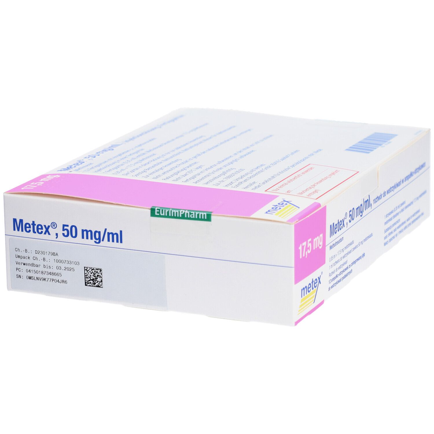 Karton mit Produktinformationen. Aufschrift: Metex 17,5 mg, 50 mg/ml. Weiße Verpackung mit rosa Akzenten.