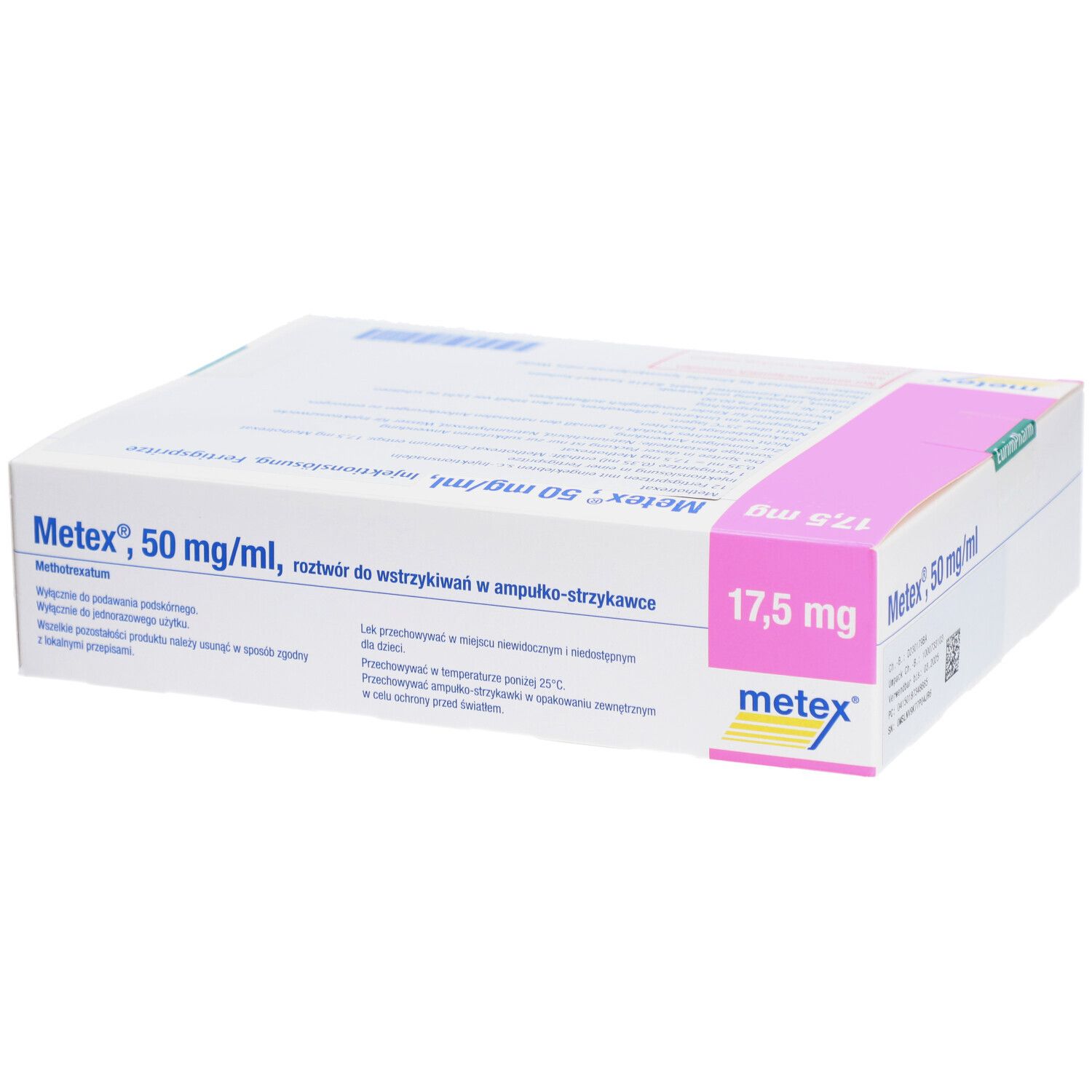 Karton mit Produktinformationen. Aufschrift: Metex 17,5 mg, 50 mg/ml. Weiße Verpackung mit rosa Akzenten.