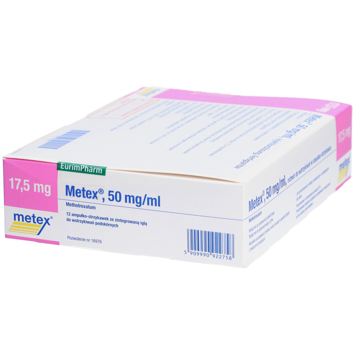 Karton mit Produktinformationen. Aufschrift: Metex 17,5 mg, 50 mg/ml. Weiße Verpackung mit rosa Akzenten.