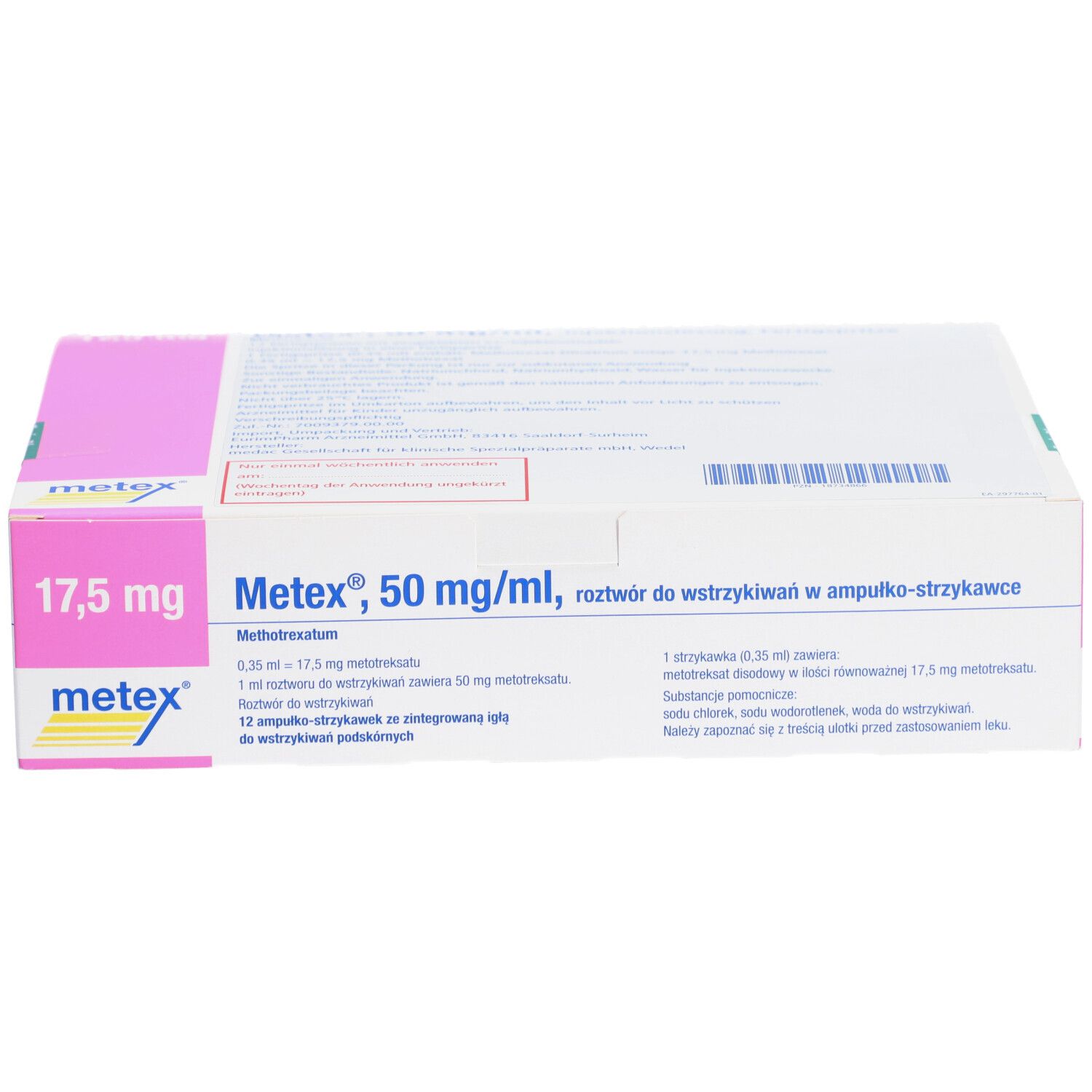 Karton mit Produktinformationen. Aufschrift: Metex 17,5 mg, 50 mg/ml. Weiße Verpackung mit rosa Akzenten.