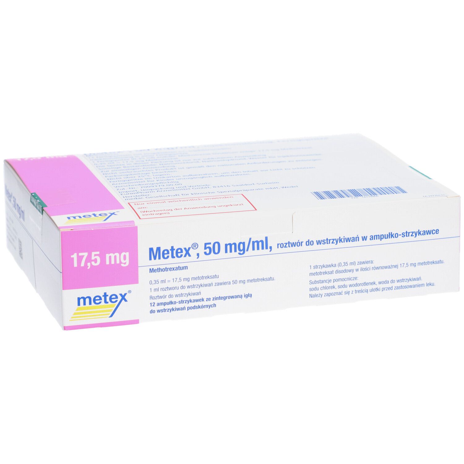 Karton mit Produktinformationen. Aufschrift: Metex 17,5 mg, 50 mg/ml. Weiße Verpackung mit rosa Akzenten.