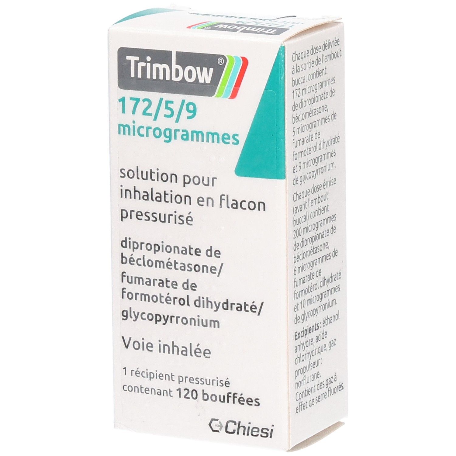 Weißer Karton mit Produktinformationen. Enthält den Namen Trimbow, Dosierung und Inhaltsstoffe. Herstellerlogo Chiesi.