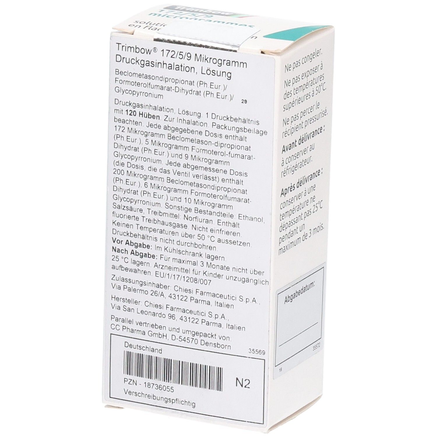 Weißer Karton mit Produktinformationen. Enthält Dosierung, Inhaltsstoffe und Herstellerinformationen. Herstellerlogo Chiesi.
