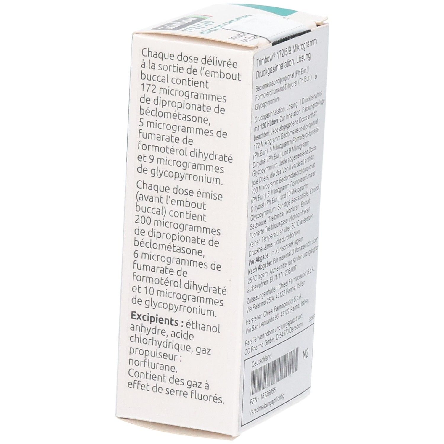 Weißer Karton mit Produktinformationen. Enthält Dosierung, Inhaltsstoffe und Herstellerinformationen. Herstellerlogo Chiesi.