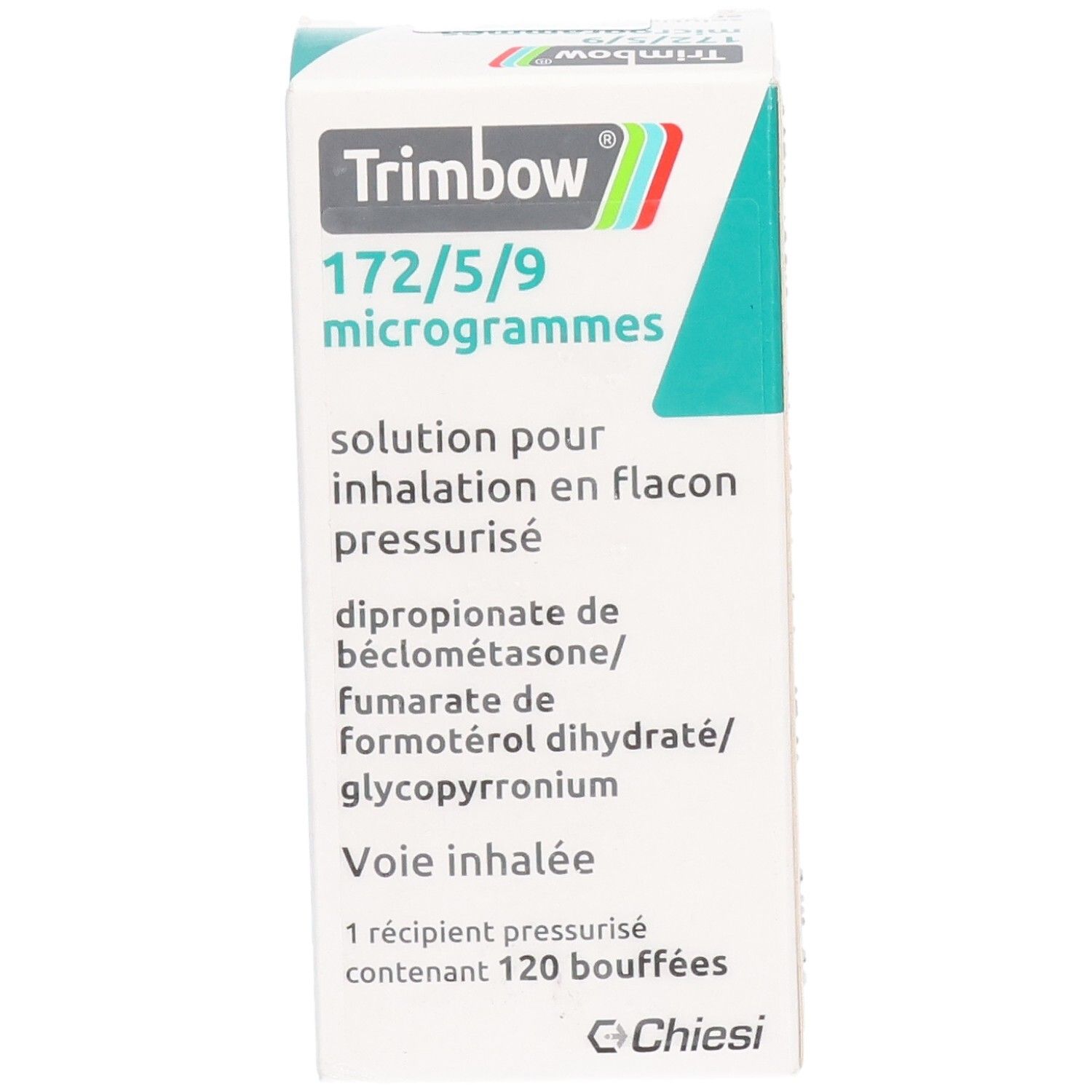 Weißer Karton mit Produktinformationen. Enthält den Namen Trimbow, Dosierung und Inhaltsstoffe. Herstellerlogo Chiesi.