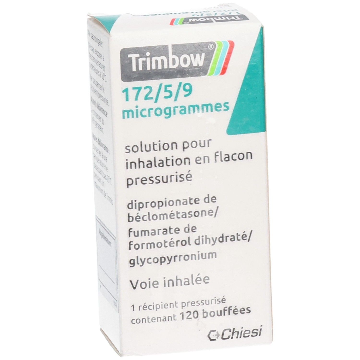 Weißer Karton mit Produktinformationen. Enthält den Namen Trimbow, Dosierung und Inhaltsstoffe. Herstellerlogo Chiesi.