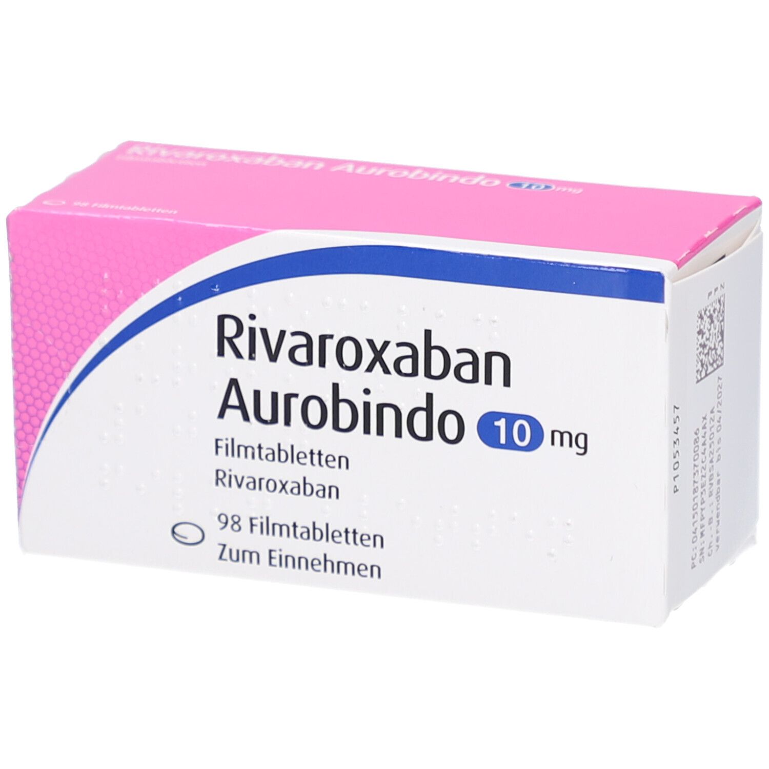 Schachtel RIVAROXABAN Aurobindo 10 mg Filmtabletten. Rosa-weiß. Blaue Schrift. 98 Filmtabletten. Zum Einnehmen.