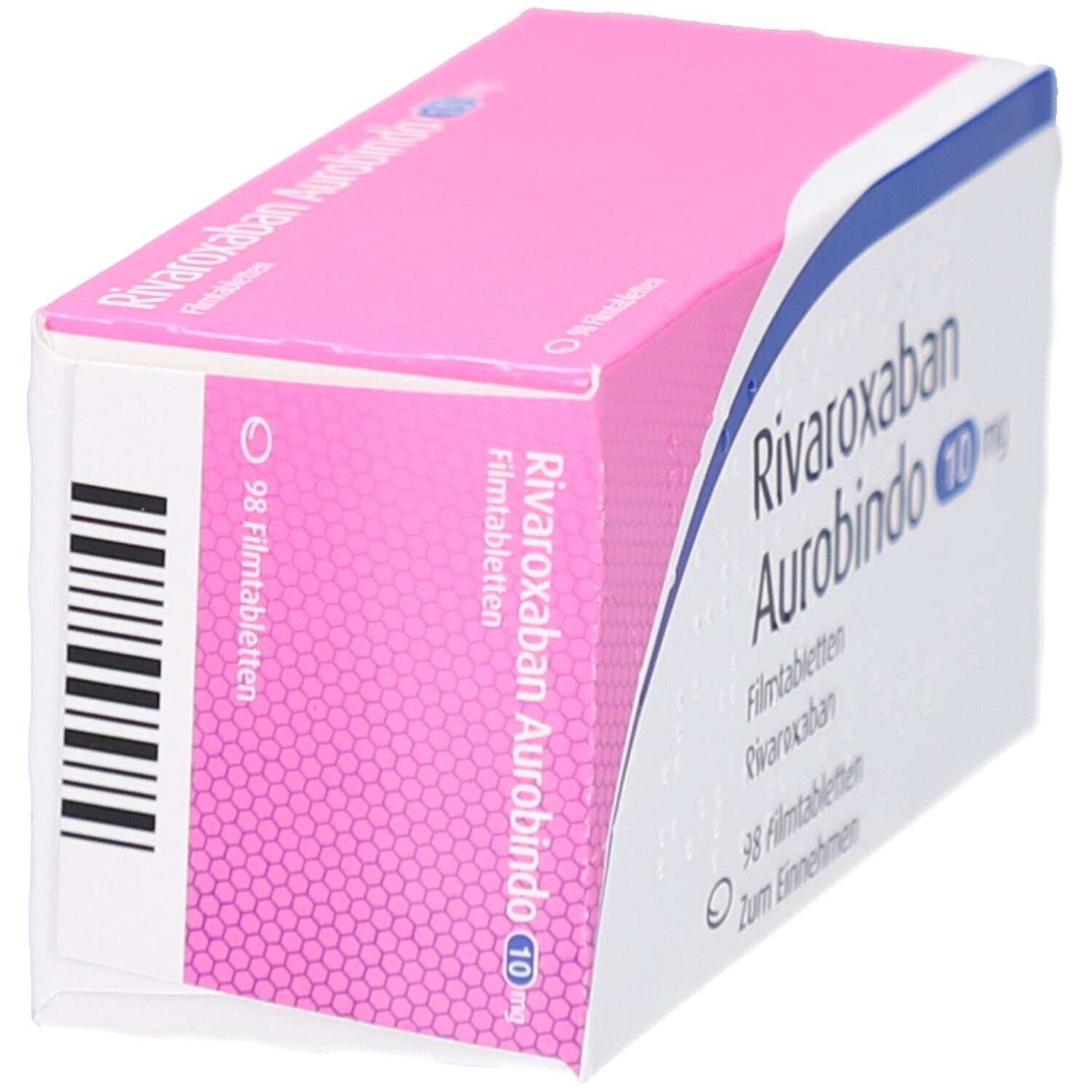 Schachtel RIVAROXABAN Aurobindo 10 mg Filmtabletten. Rosa-weiß. Blaue Schrift. 98 Filmtabletten. Barcode.