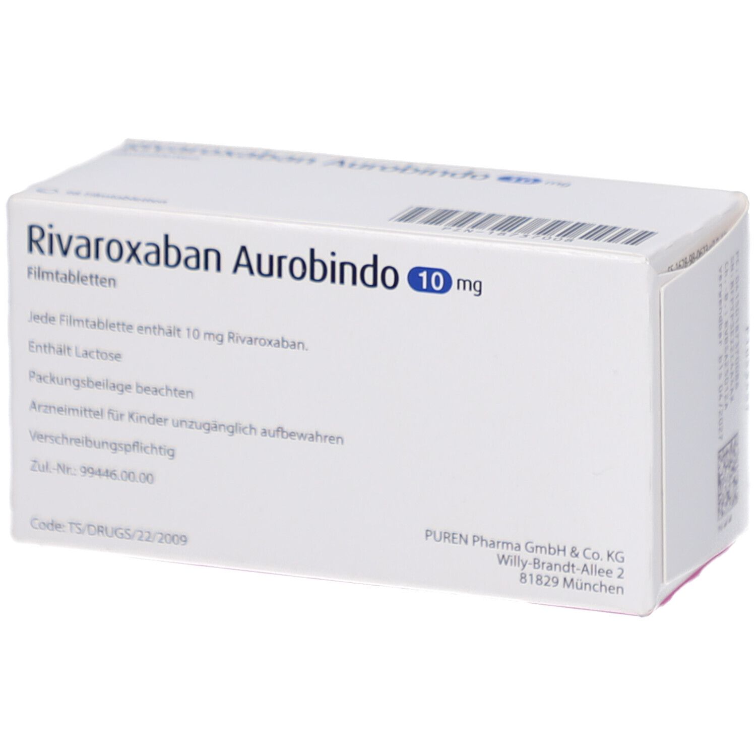 Schachtel RIVAROXABAN Aurobindo 10 mg Filmtabletten. Weiße Schachtel. Text. PUREN Pharma GmbH & Co. KG.