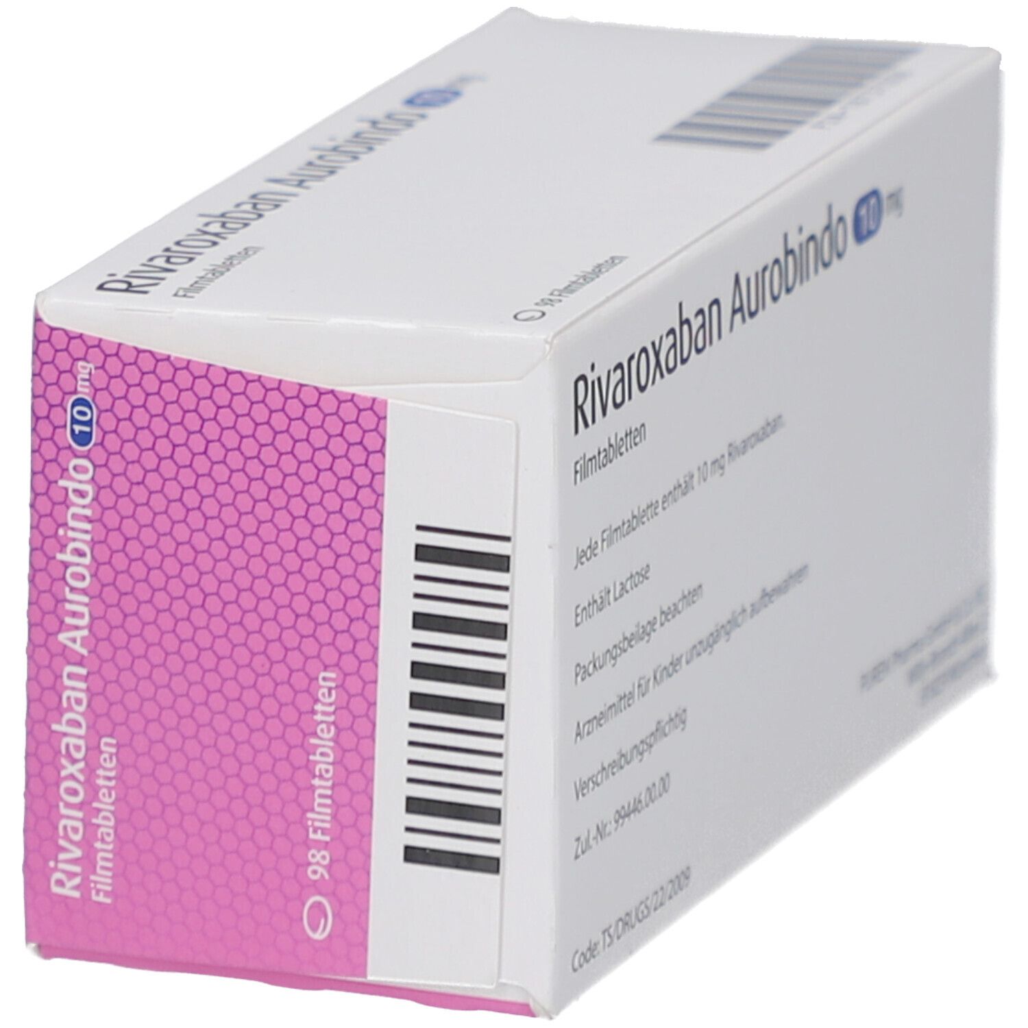 Schachtel RIVAROXABAN Aurobindo 10 mg Filmtabletten. Rosa-weiß. Blaue Schrift. 98 Filmtabletten. Barcode.